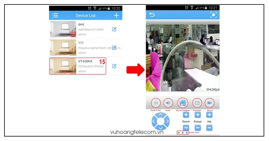 Quay lại Device List và chọn tên thiết bị camera Vantech vừa thiết lập để xem trực tiếp
