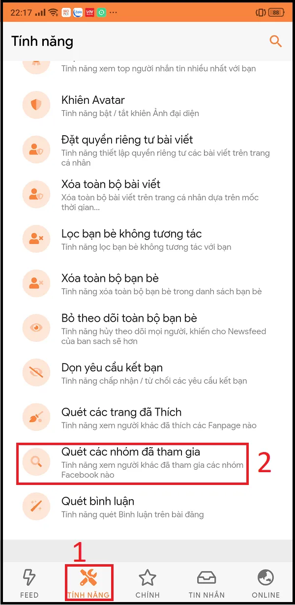 quét các nhóm đã tham gia