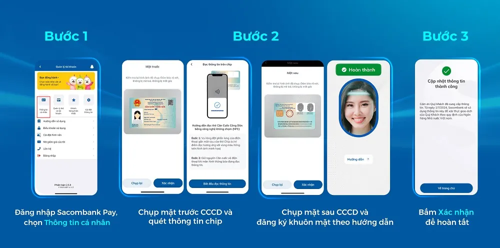 Quy trình 3 bước cập nhật dữ liệu sinh trắc học bằng CCCD gắn chip qua Sacombank Pay