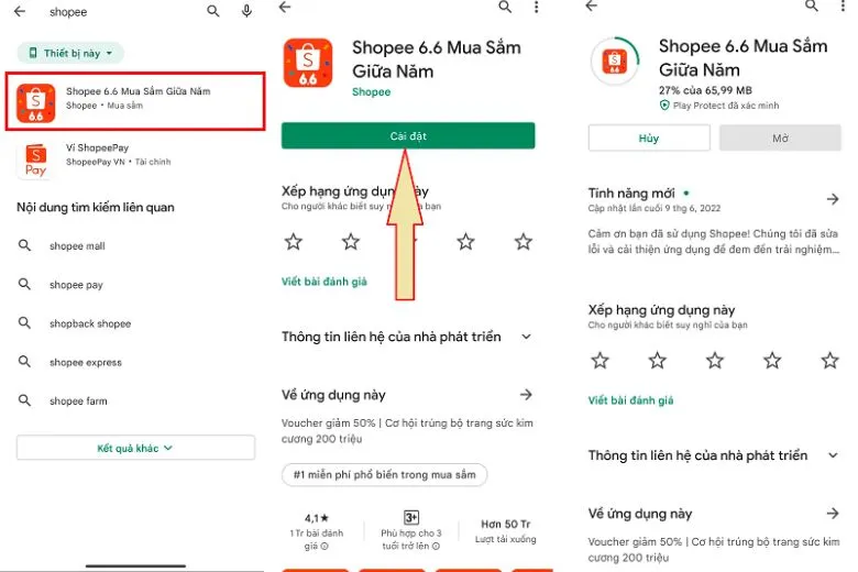 Quy trình cài đặt Shopee từ Google Play Store trên điện thoại Android