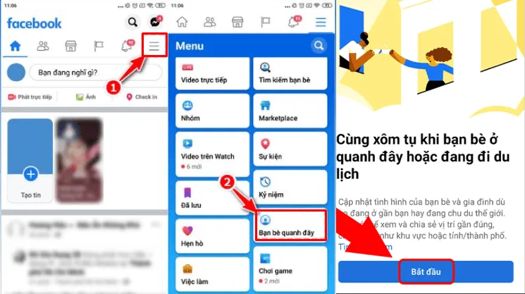 Quy trình chọn mục Bạn bè quanh đây trong Menu của Facebook trên Android