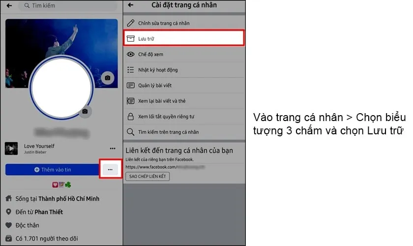 Quy trình chọn mục Lưu trữ để tìm video đã xóa trên Facebook iPhone