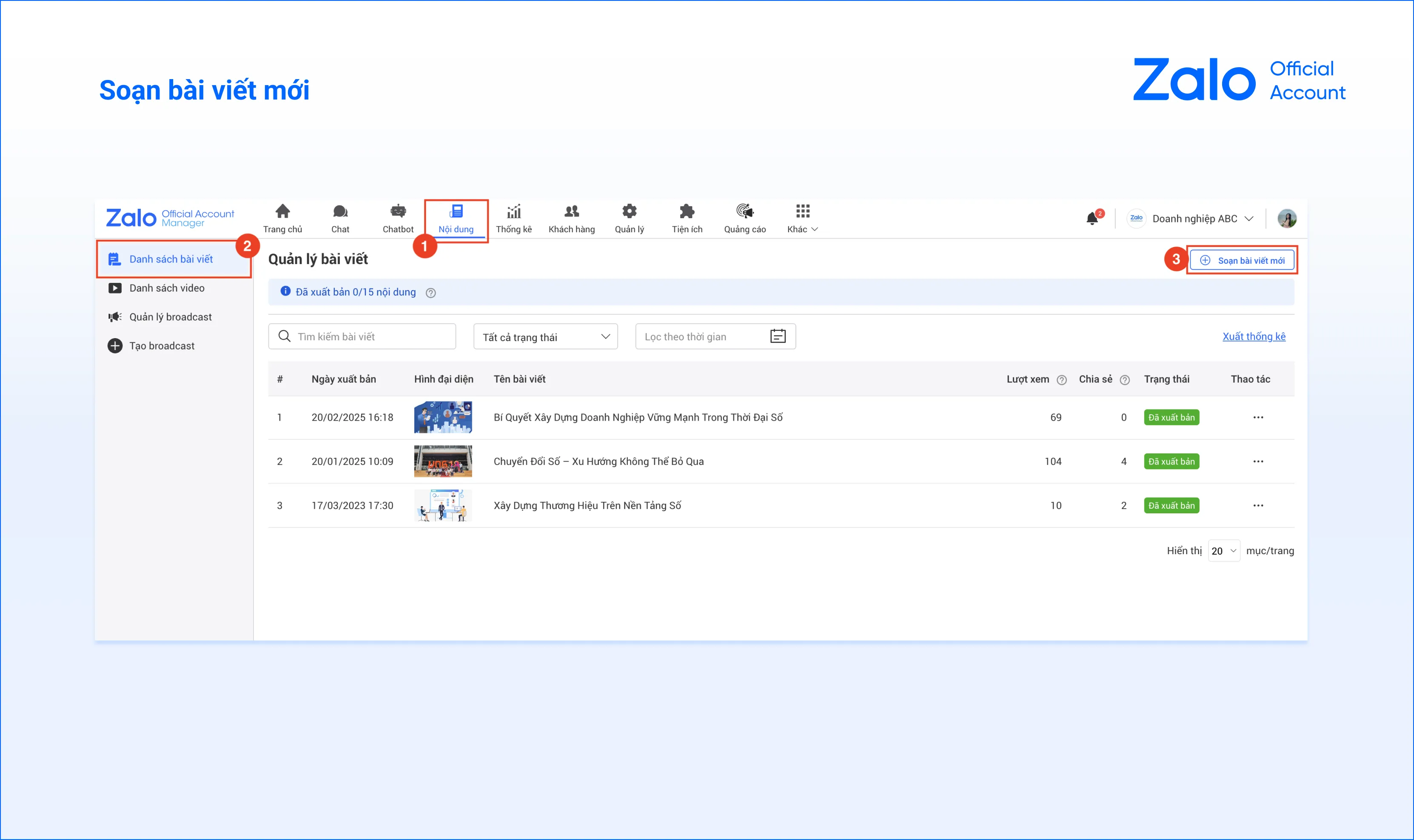 Quy trình chọn Nội dung và Danh sách bài viết để soạn nội dung mới trên Zalo OA