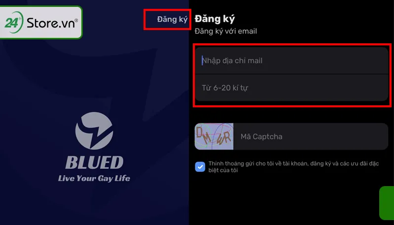 Quy trình đăng ký tài khoản Blued bằng địa chỉ email để truy cập tính năng live
