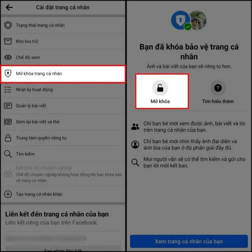 Quy trình mở khóa trang cá nhân Facebook.