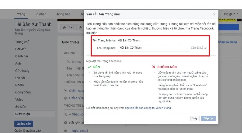 Quy trình nhập và yêu cầu đổi tên Fanpage Facebook mới