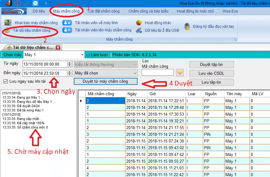 Quy trình tải dữ liệu chấm công từ máy về máy tính Wise Eye
