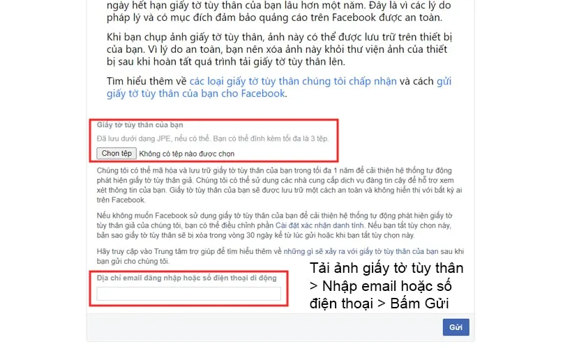 Quy trình tải lên giấy tờ để xác minh danh tính với Facebook