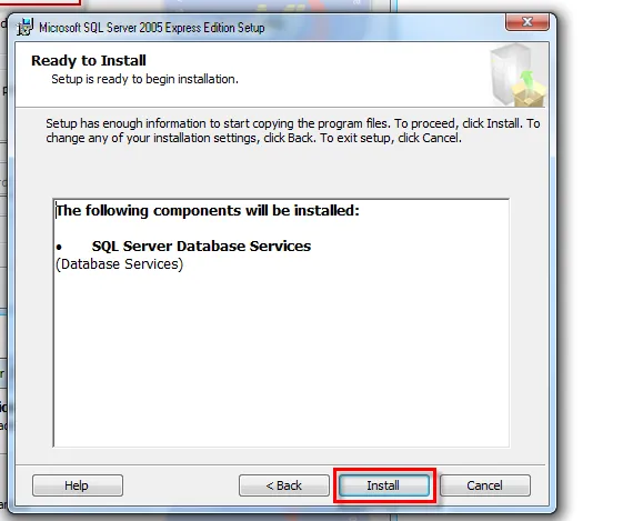 Sẵn sàng để bắt đầu cài đặt SQL Server 2005, nhấn Install
