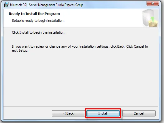 Sẵn sàng để cài đặt SQL Server Management Studio Express 2005, nhấn Install