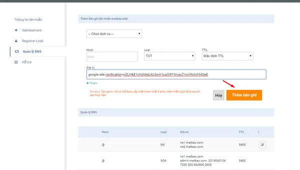 Sao chép bản ghi TXT vào cấu hình DNS khi thực hiện cách cài Google Search Console