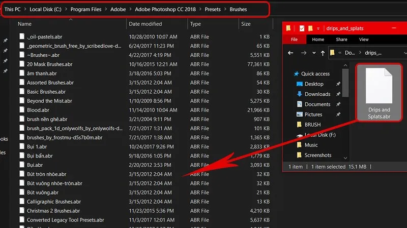 Sao chép file brush .ABR trực tiếp vào thư mục Brushes của Photoshop