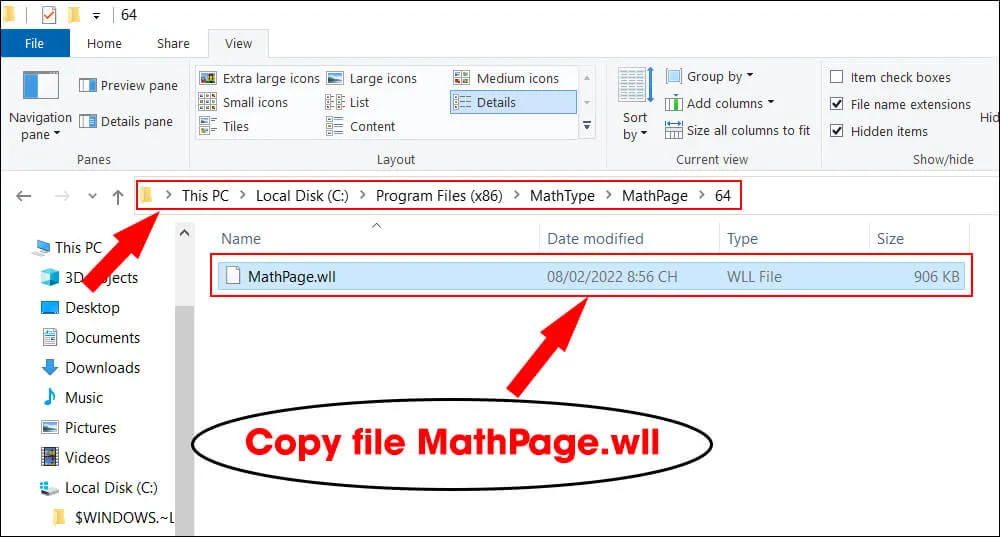 Sao chép file MathPage.wll để tích hợp thủ công MathType vào Word 2010