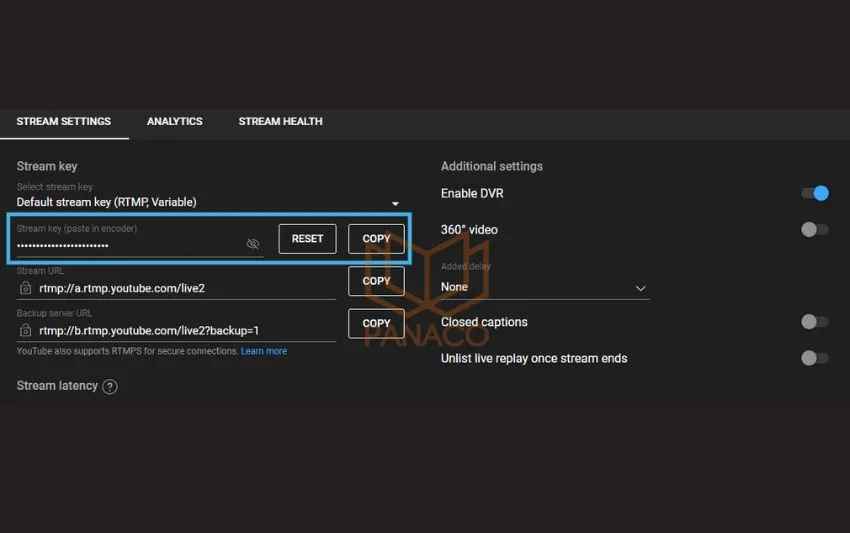 Sao chép Key Stream YouTube trong tab Cài đặt luồng để sử dụng với FFmpeg