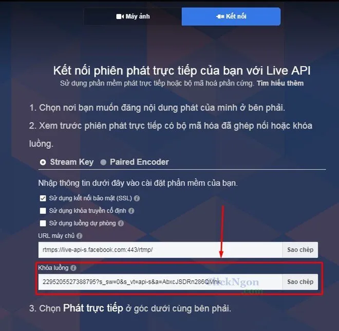 Sao chép Khóa luồng (Stream Key) từ giao diện phát trực tiếp của Facebook