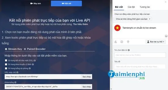 Sao chép luồng máy chủ và khóa luồng từ Facebook để kết nối OBS