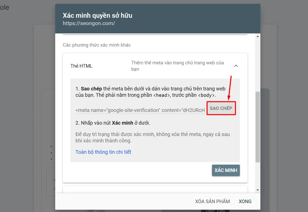Sao chép thẻ meta là một phần của cách cài Google Search Console bằng HTML