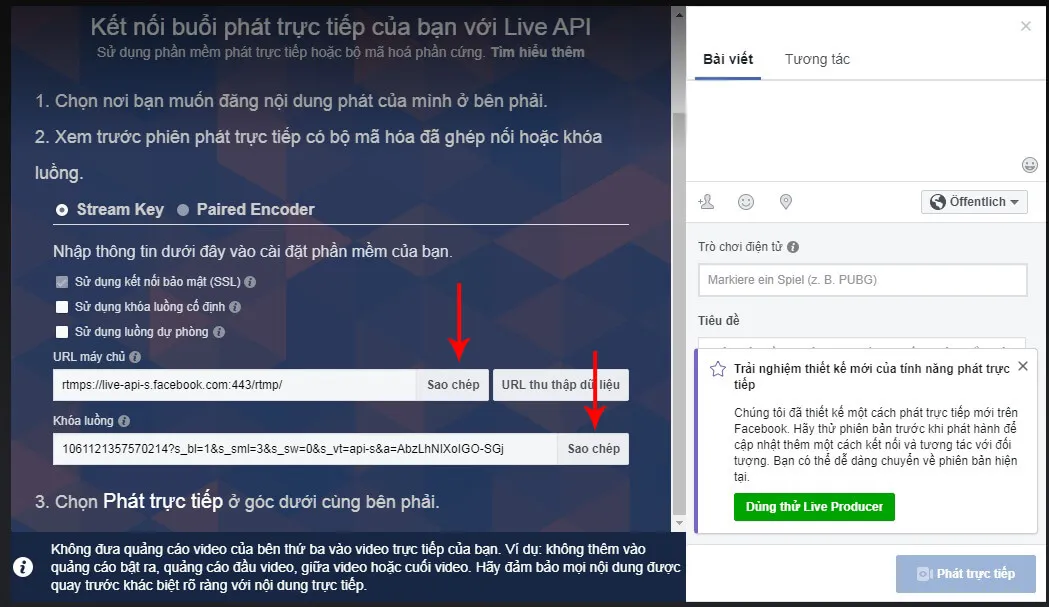 Sao chép thông tin URL máy chủ và Khóa luồng cho Facebook cá nhân