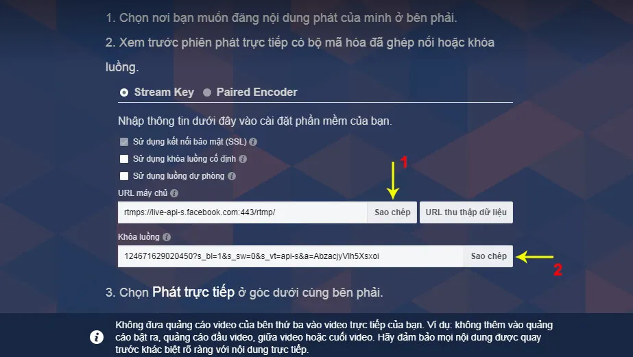Sao chép URL máy chủ và Khóa luồng từ Facebook để dán vào OBS