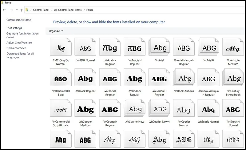 Sao chép và dán font chữ vào thư mục Fonts của Control Panel