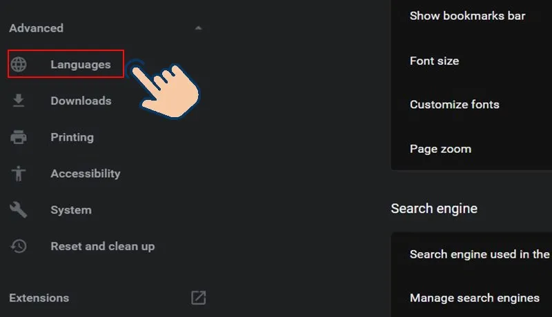 Sau đó chọn vào Languages.