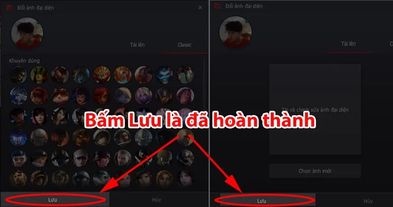 Sau khi chọn ảnh, nhấn nút Lưu để áp dụng thay đổi ảnh đại diện trong hệ thống Garena và Liên Quân Mobile