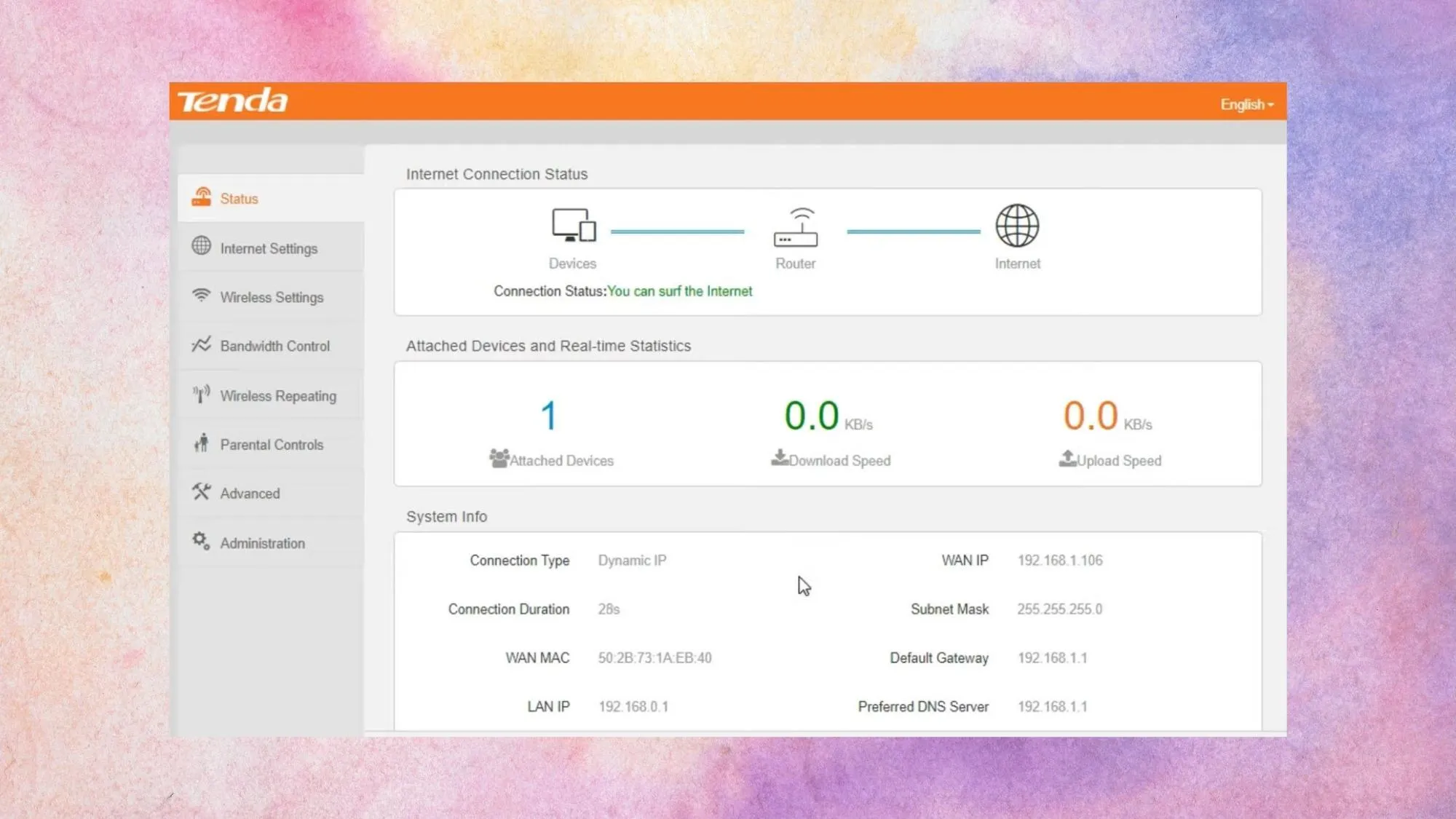 Sau khi đăng nhập thành công bạn có thể theo dõi được các chỉ số Wifi quan trọng của router Tenda