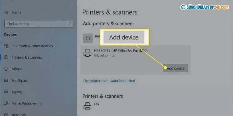Sau khi máy in hiện ra, click chuột vào tên máy in và nhấn Add device để thêm máy
