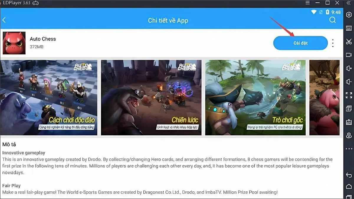 Sau khi tìm kiếm, nhấn vào nút "Cài đặt" để tải và cài đặt game Auto Chess Mobile