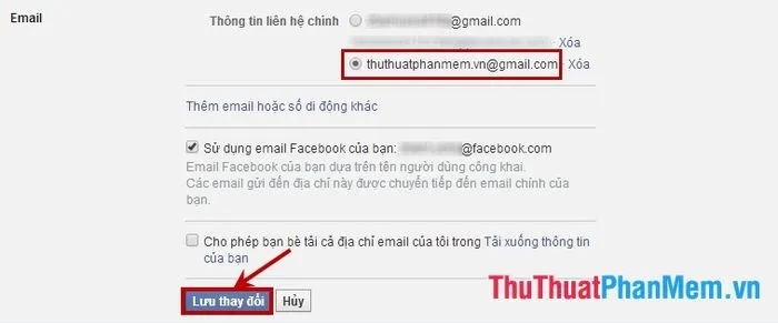 Sau khi xác nhận, người dùng quay lại Cài đặt email, chọn đánh dấu email mới làm thông tin liên hệ chính và nhấn Lưu thay đổi