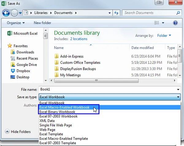 Save As dialog box with Excel Macro-Enabled Workbook selected