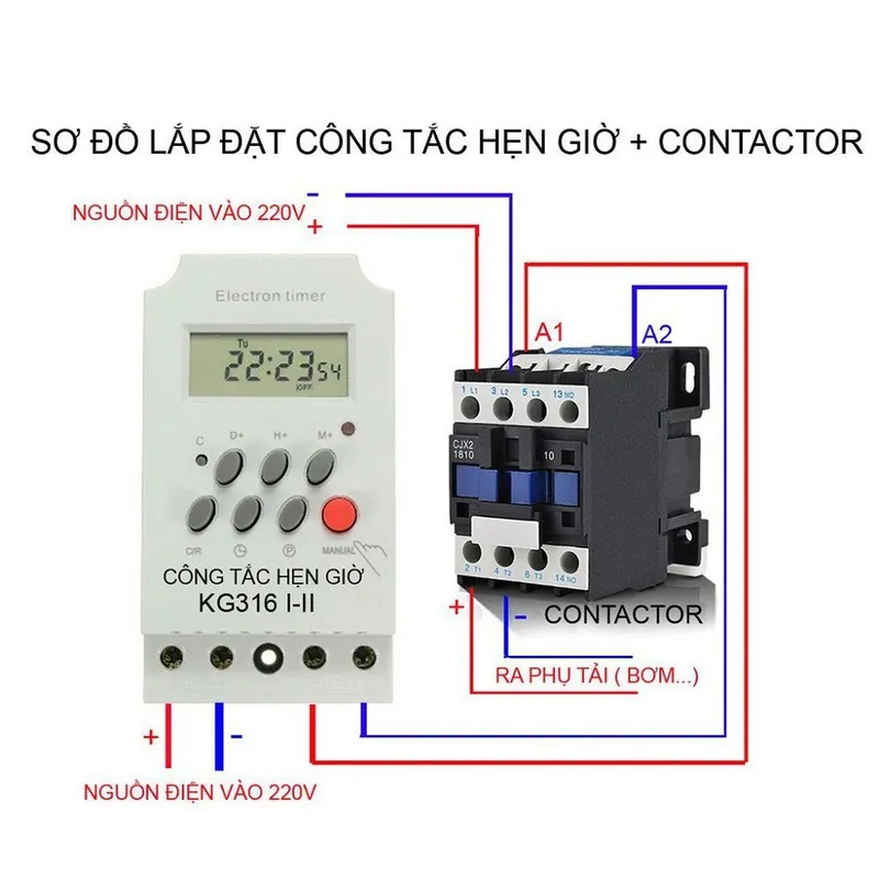 Sơ đồ đấu nối chi tiết timer KG316T-II với khởi động từ (Contactor) cho tải công suất lớn