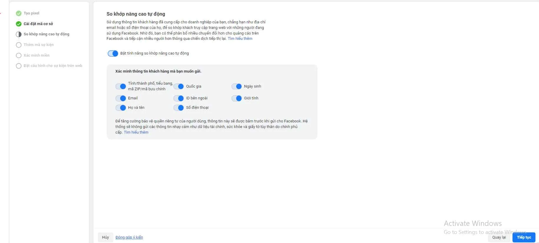 So khớp nâng cao tự động Facebook Pixel
