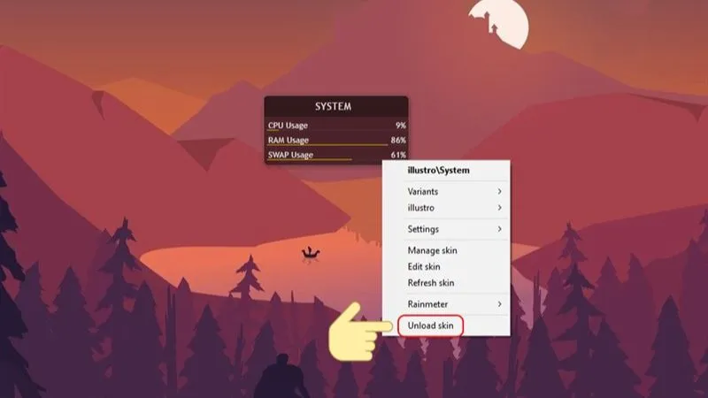 Sử dụng chuột phải vào skin để chọn Unload skin, tắt các tiện ích tự động kích hoạt của Rainmeter