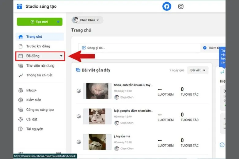 Sử dụng Creator Studio để xóa bài viết Fanpage bước 2
