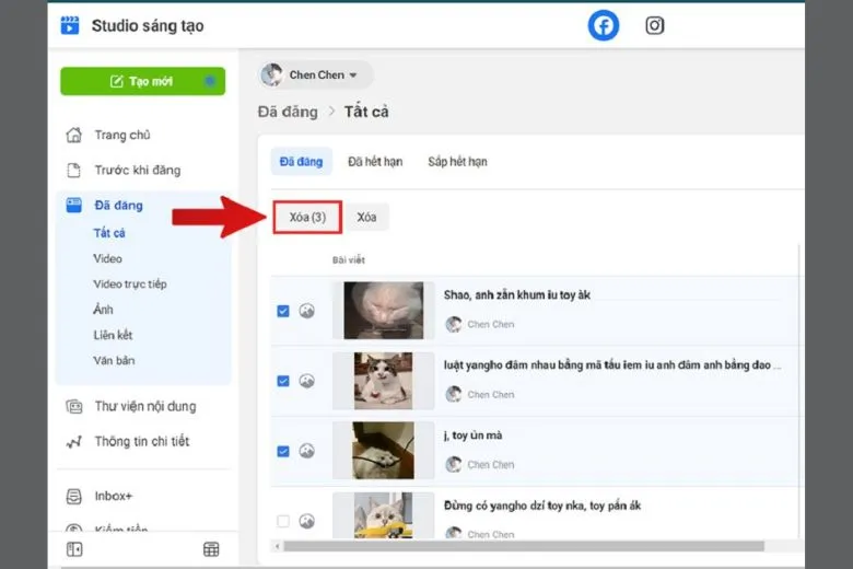 Sử dụng Creator Studio để xóa bài viết Fanpage bước 3