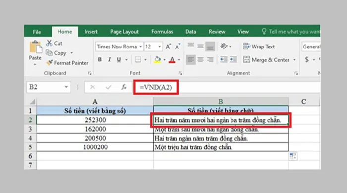Sử dụng hàm =VND(A2) để chuyển số 252300 thành chữ ngay lập tức tại ô B2