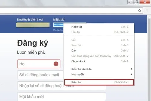 Sử dụng Inspect element để chỉnh sửa mã nguồn xem mật khẩu Facebook