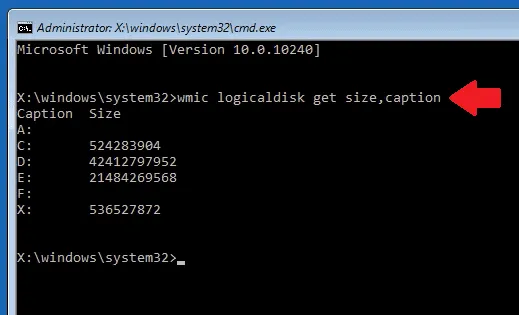 Sử dụng lệnh WMIC để hiển thị danh sách ổ đĩa và dung lượng