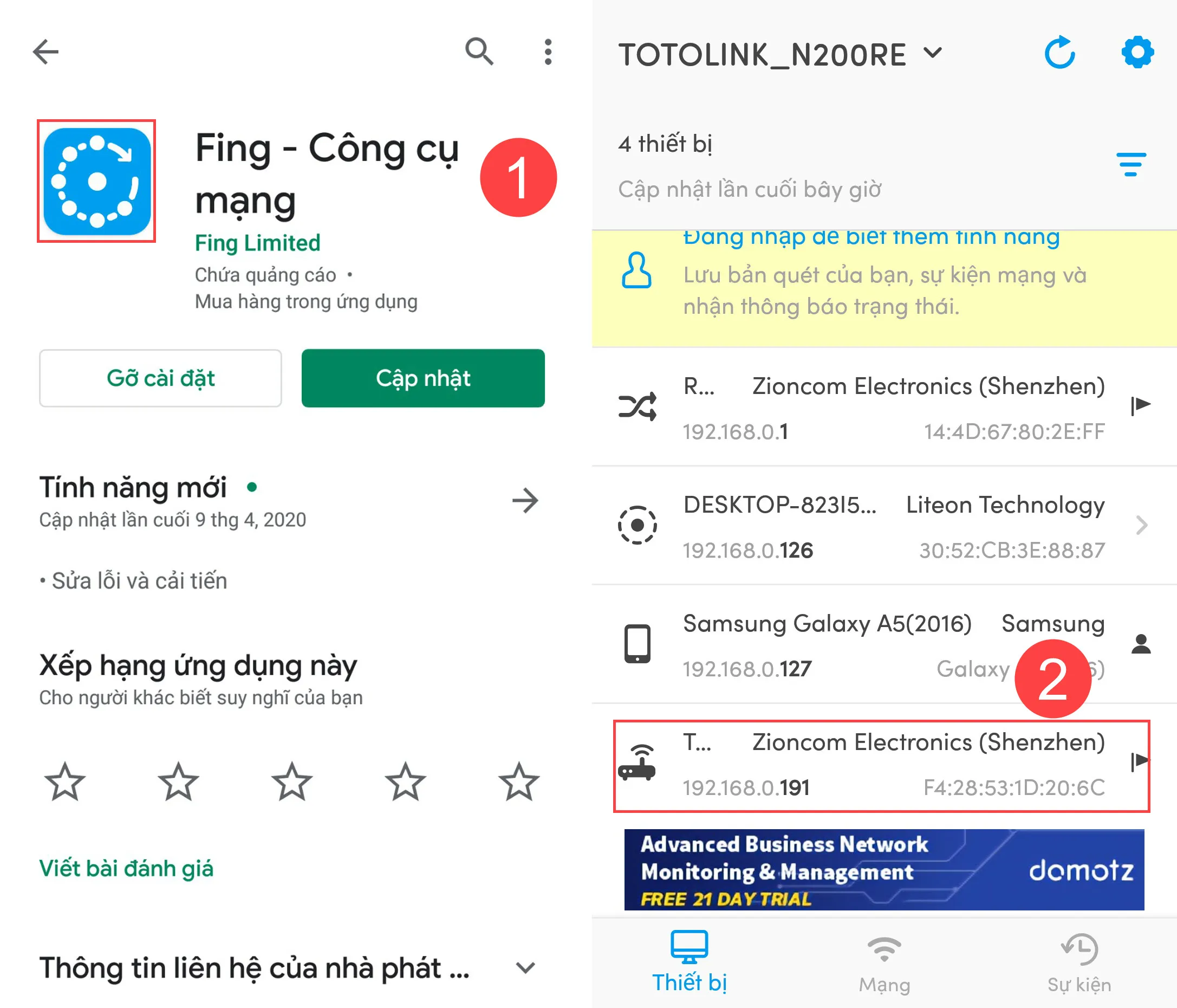 Sử dụng phần mềm Fing trên điện thoại để dò địa chỉ IP mới của repeater totolink