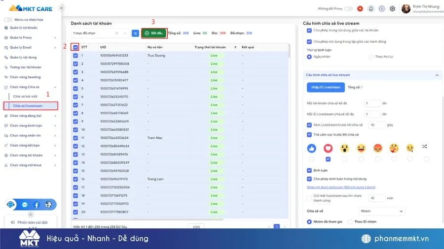 Sử dụng phần mềm tự động hóa để tăng cường việc chia sẻ live tream công khai hàng loạt.