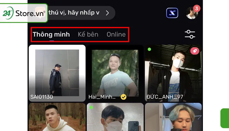 Sử dụng tính năng Kế bên và Thông minh để tìm kênh live Blued phù hợp