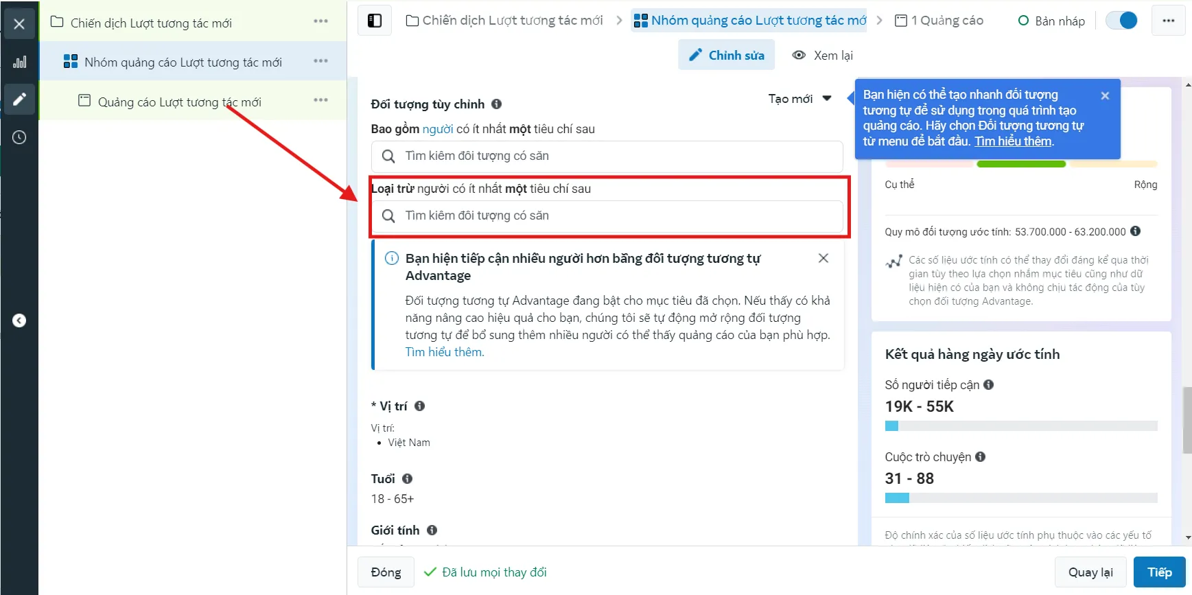 Sử dụng tính năng loại trừ đối tượng để giảm tần suất quảng cáo Facebook trên nhóm khách hàng cũ