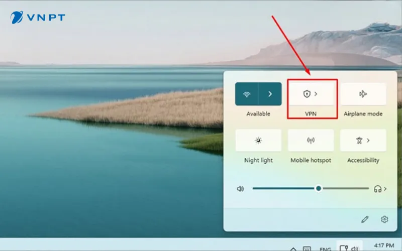 Sử dụng VPN trên Windows 11: Mở menu Quick Settings từ Taskbar