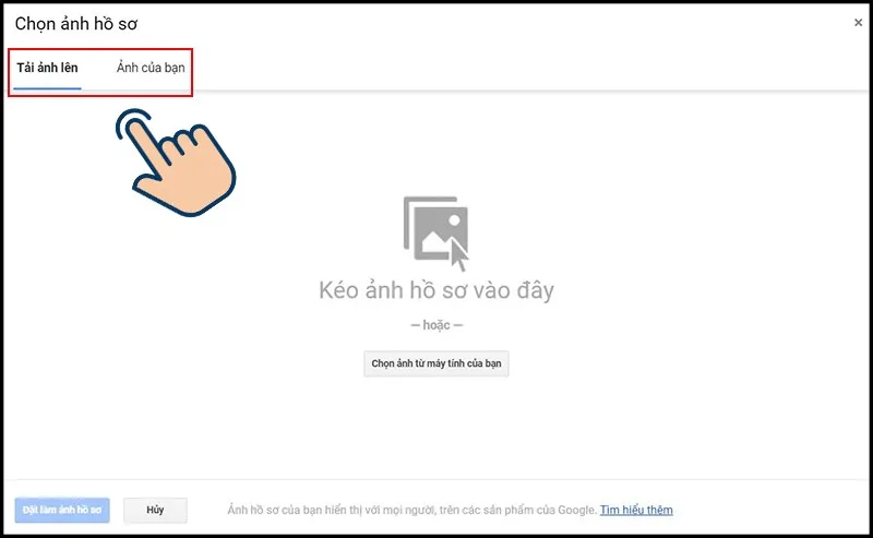 Tải ảnh lên từ máy tính hoặc chọn ảnh có sẵn từ tab Ảnh của bạn để cập nhật ảnh đại diện Gmail