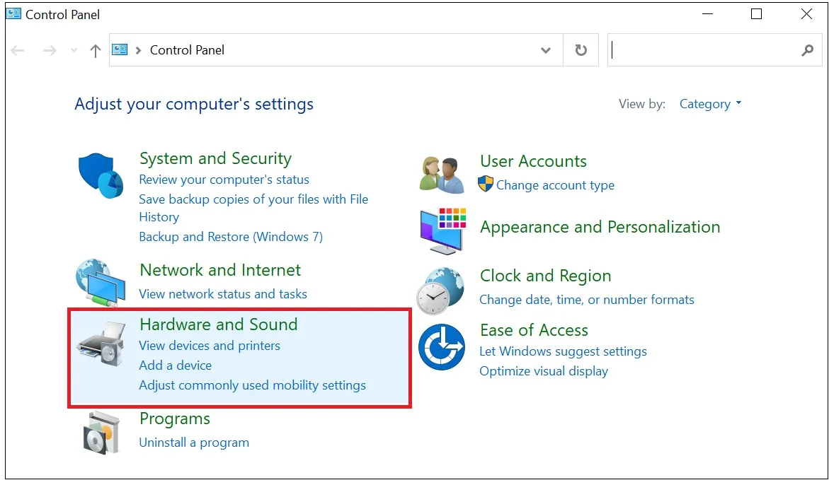 Tại bảng Control Panel, chọn Hardware and Sound