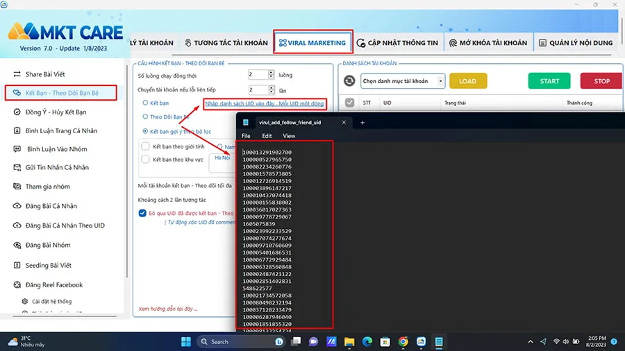 Tải danh sách UID muốn kết bạn lên phần mềm