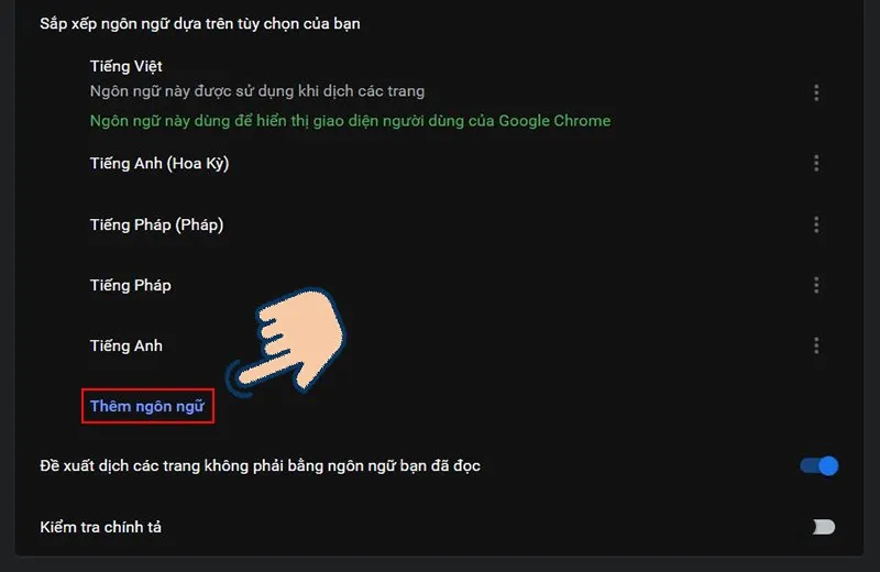 Tại giao diện Ngôn ngữ chọn Thêm ngôn ngữ.