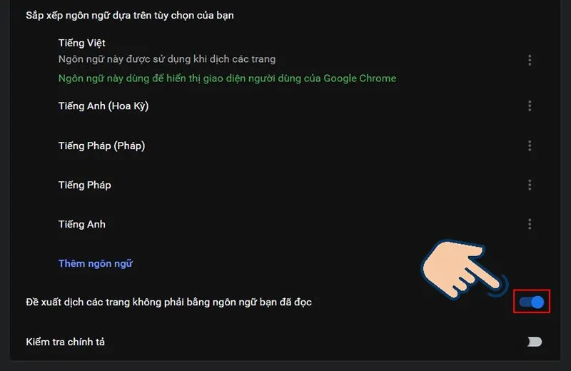 Tại mục Đề xuất dịch các trang không phải bằng ngôn ngữ bạn đã đọc kéo thanh công cụ sang trái để tắt dịch