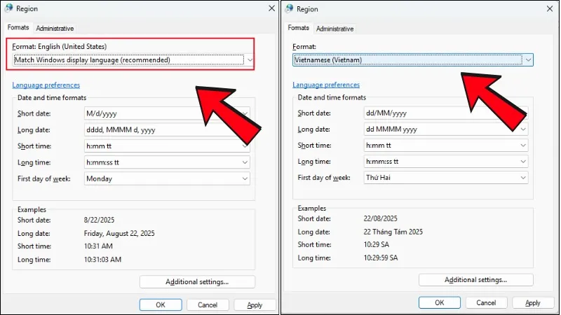 Tại phần Format hãy chọn sang Vietnamese (Vietnam)